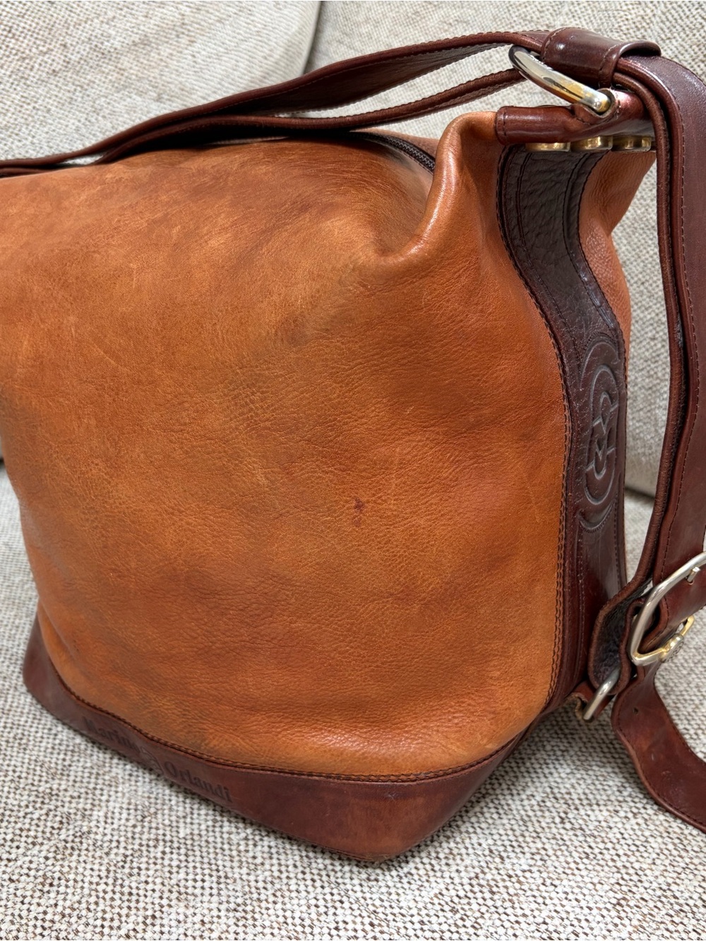 Marino Orlandi Tan Leather Shoulder Bag with Multicolor Plaid Lining
